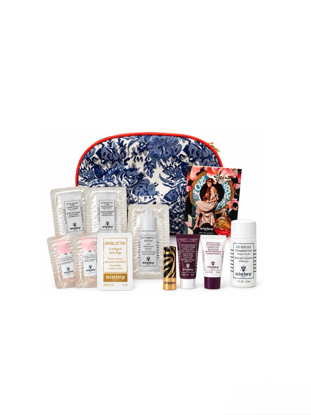 Sisley Blue Floral Zip Pouch with Assorted Bath & Body Samples